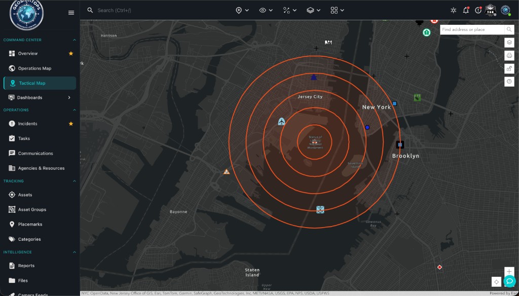Range rings on dark basemap, NYC