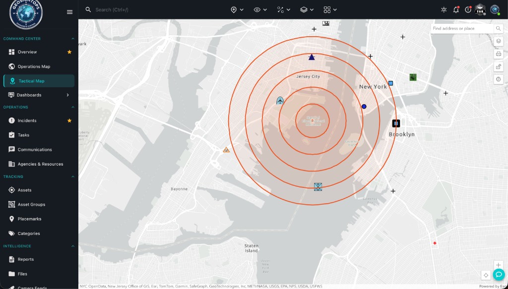 Range rings on light basemap, NYC